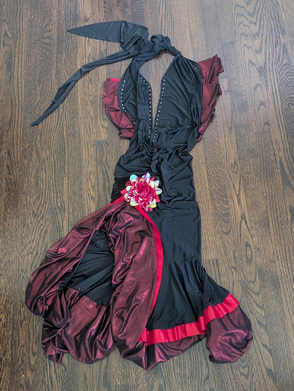 Latin Ballroom Flamenco Dance Dress Ruched Halter Salsa Gown Burlesque Costume